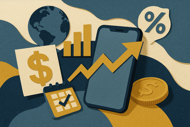 Colorful cutout of iPhone with dollar sign and iPhone 16 on screen