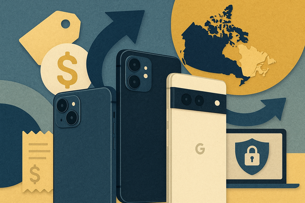 Colorful cutout of iPhone with dollar sign and iPhone 16 on screen