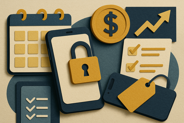 Colorful cutout of iPhone with dollar sign and iPhone 16 on screen