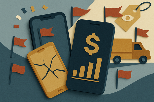Colorful cutout of iPhone with dollar sign and iPhone 16 on screen