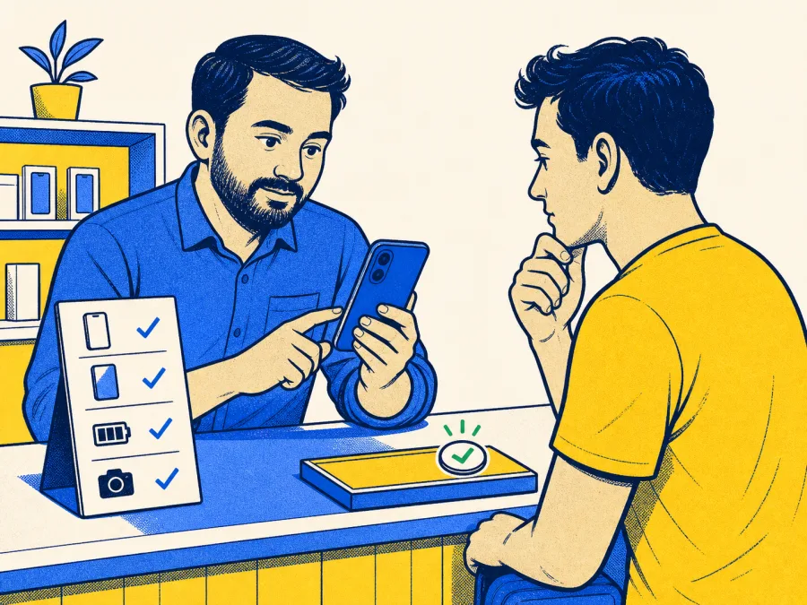 Illustration of a partner shop inspecting a phone and confirming the trade-in with the seller