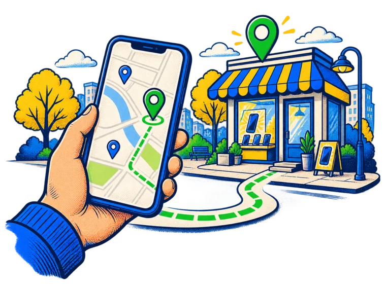 Illustration of a seller choosing a local phone shop on a map