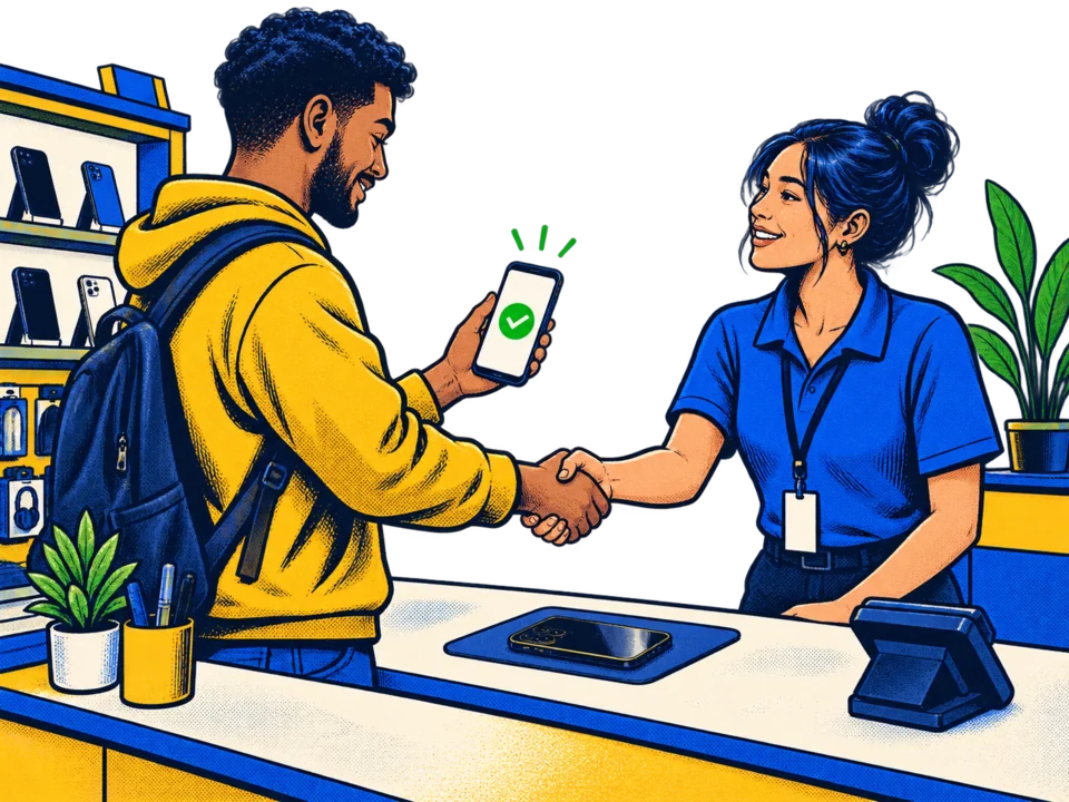 Illustration of a seller confirming payment at a phone shop