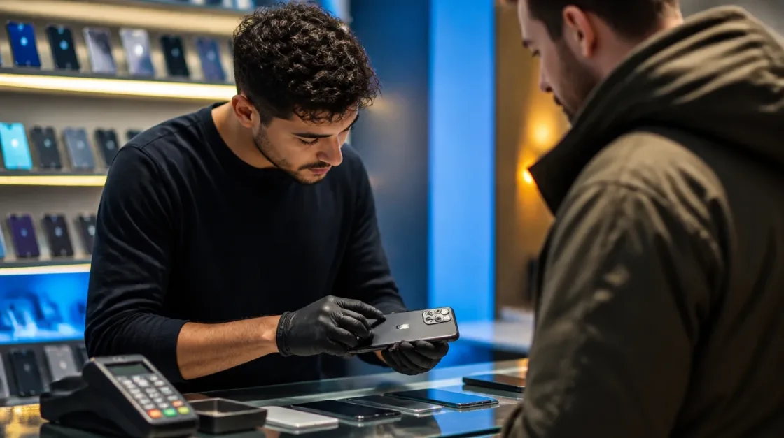 A mobile store employee carefully inspecting a seller's phone