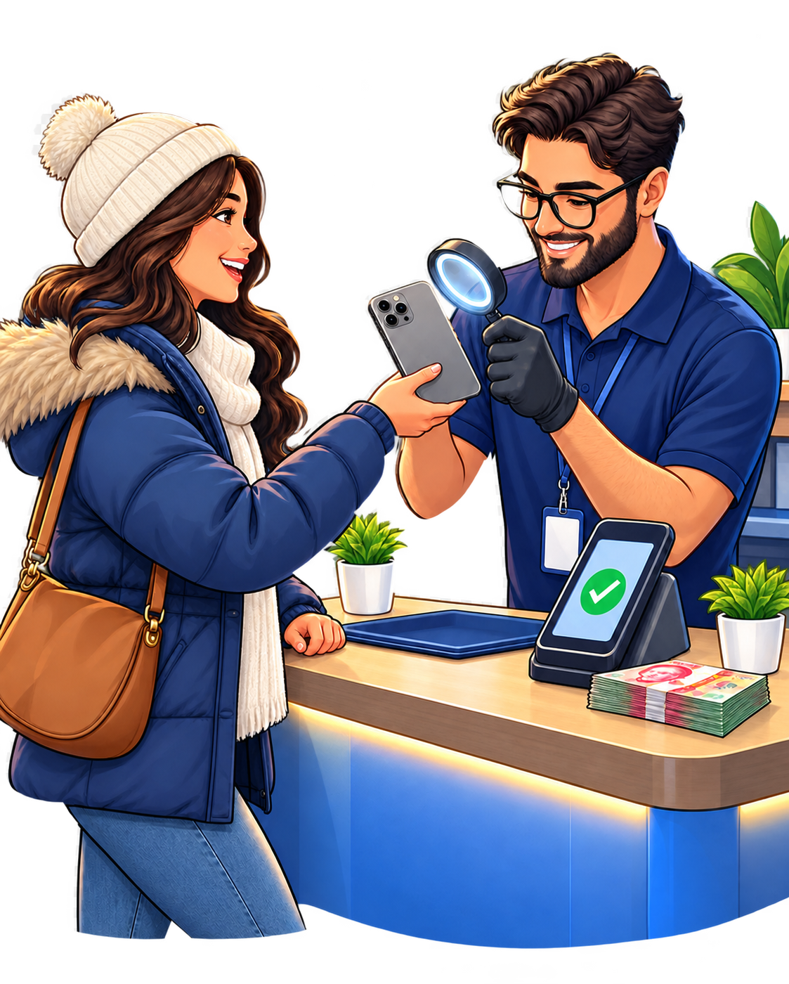 Customer completing an in-person phone inspection and payment at a local GizmoGrind partner