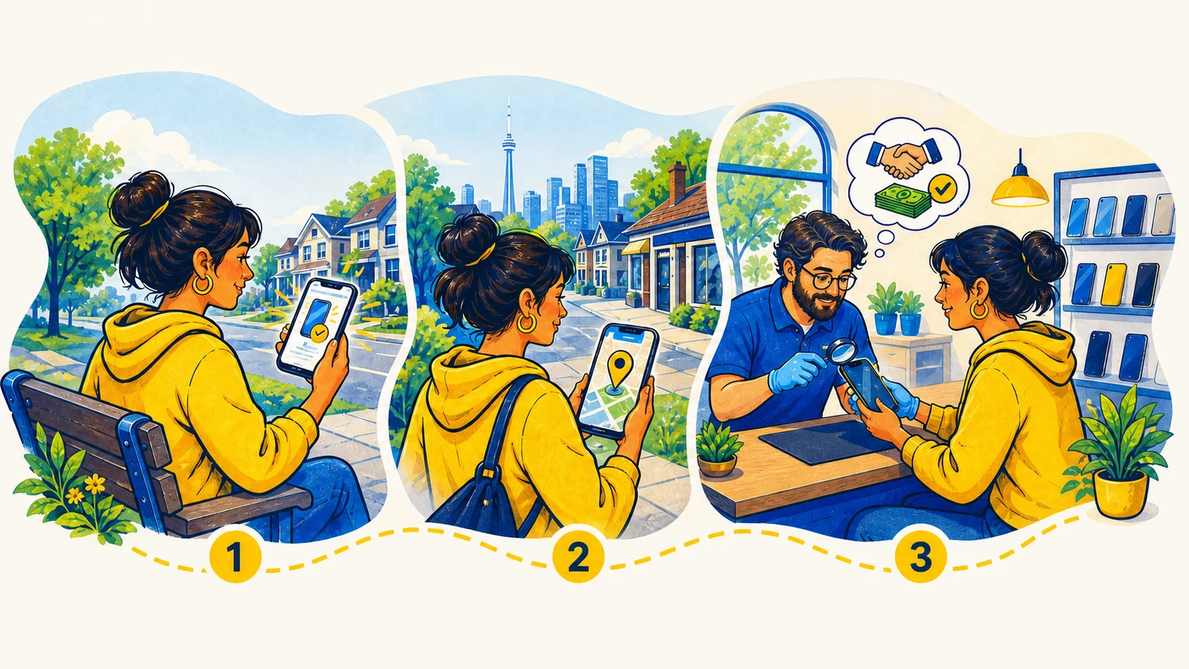 A seller checking a phone quote, choosing a nearby shop, and completing an in-person inspection