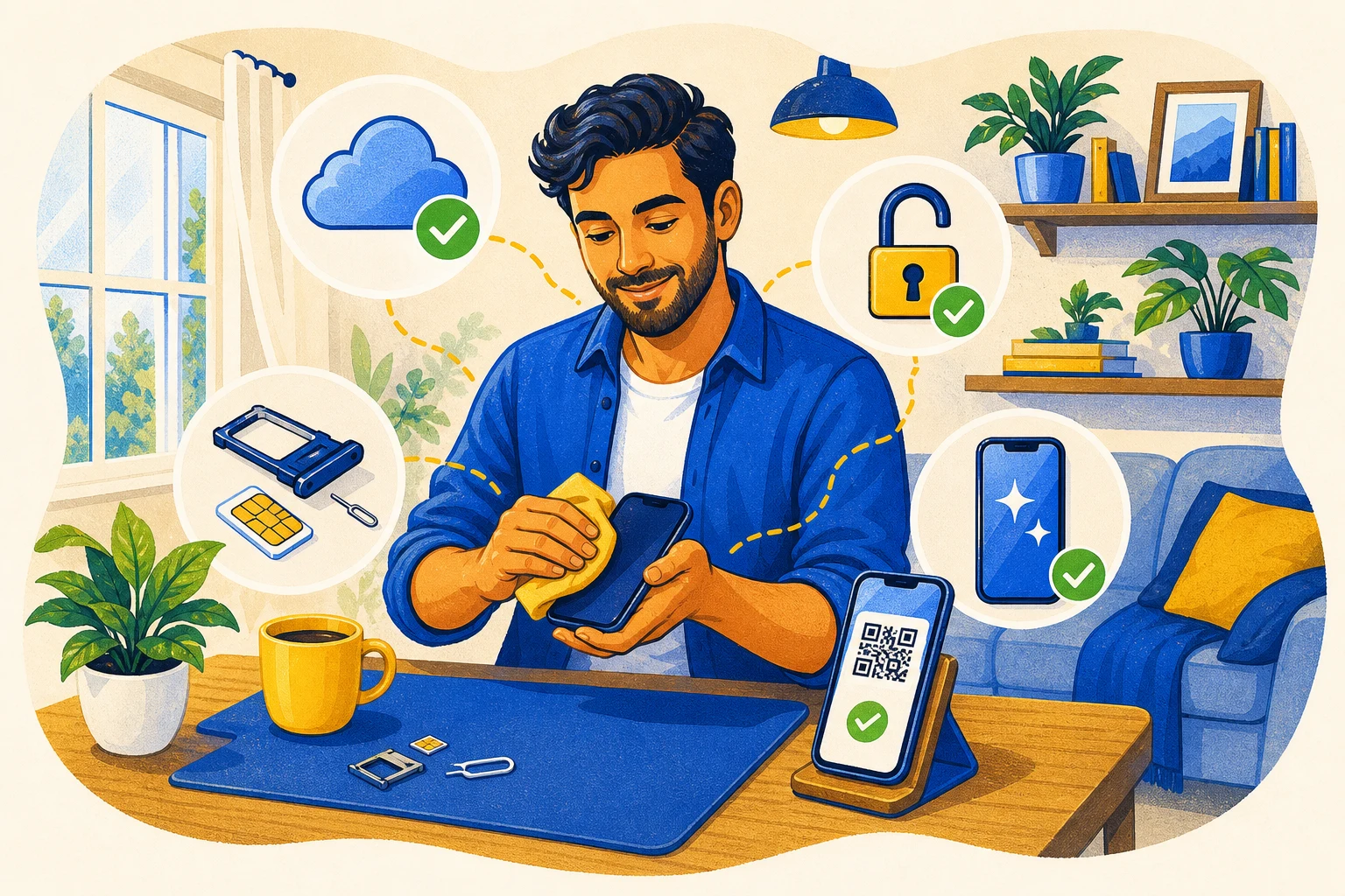 A seller backing up, unlocking, cleaning, and preparing a phone before visiting a shop
